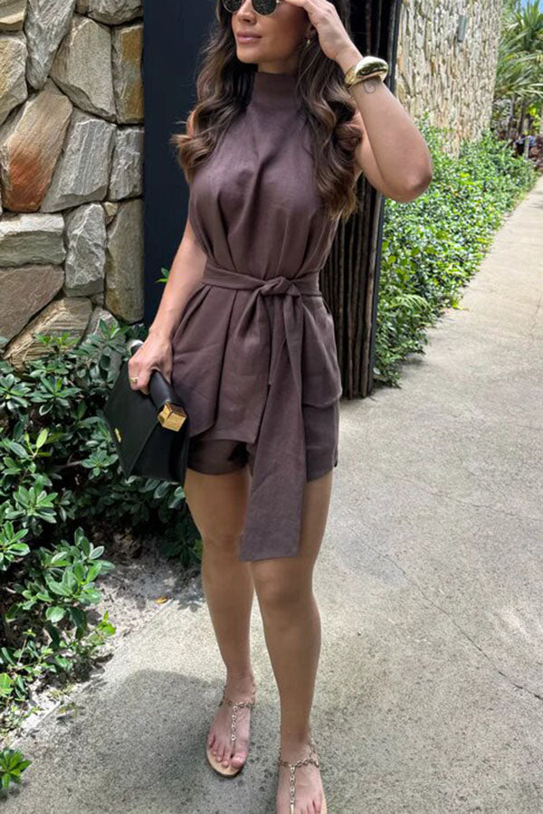 Sira Linen Blend Tie-up Halter Backless Tank and Elastic Waist Pocket Loose Shorts Set