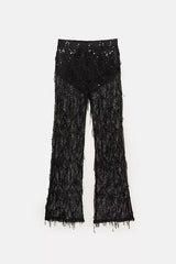 Yulissa Layered Sequin Tassels Mid Rise Stretch Wst Wide Leg Pants
