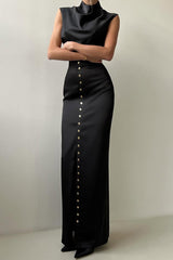 Solid Color Casual Sleeveless Crop Top and Elegant Button-down Maxi Skirt Set