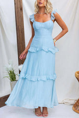 Solid Color Halter Backless Tie Elegant Ruffle Maxi Dress