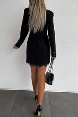 ‌Elegant Lace Panel Long-sleeved Button-down Suit Mini Dress