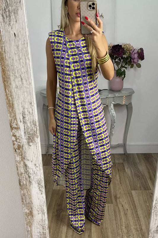 Talk about Charm Printed Front Split Midi Top and Stretch High Waist Flare Pants Set