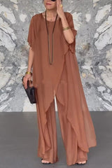 Solid Color Round Neck Irregular Loose Chiffon Top and Casual Wide-leg Pants Set