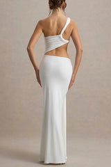 Sexy One-shoulder Backless Ribbon Pleated Slim Maxi Dress