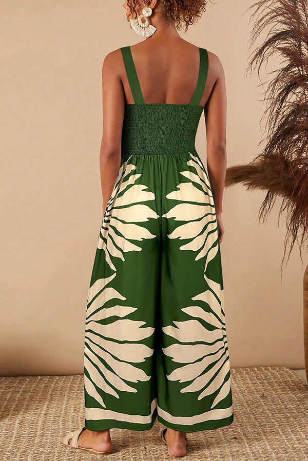 Unique Printed Open Back Pleated Casual Wide-leg Jumpsuit