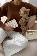 Solid Color 3D Floral Loose Long-sleeved Knit Sweater