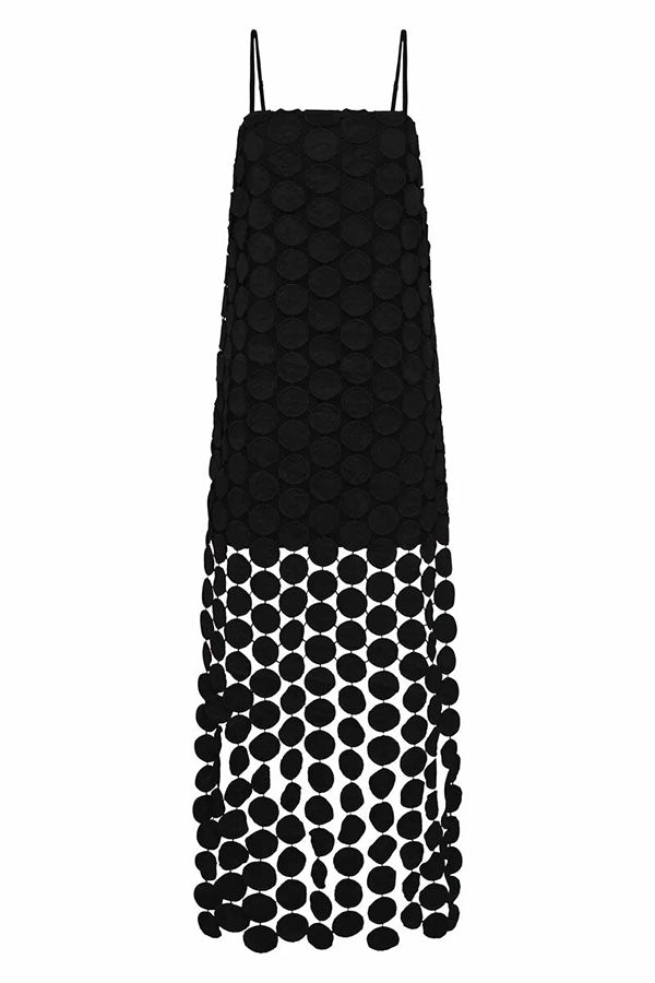 Juju Embroidered Cutout Polka Dots Square Neck Tassel Hem Slip Maxi Dress
