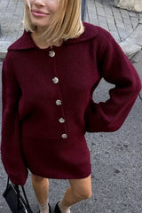 Fashion Lapel Bell Sleeve Knitted Cardigan and Casual Mini Skirt Set