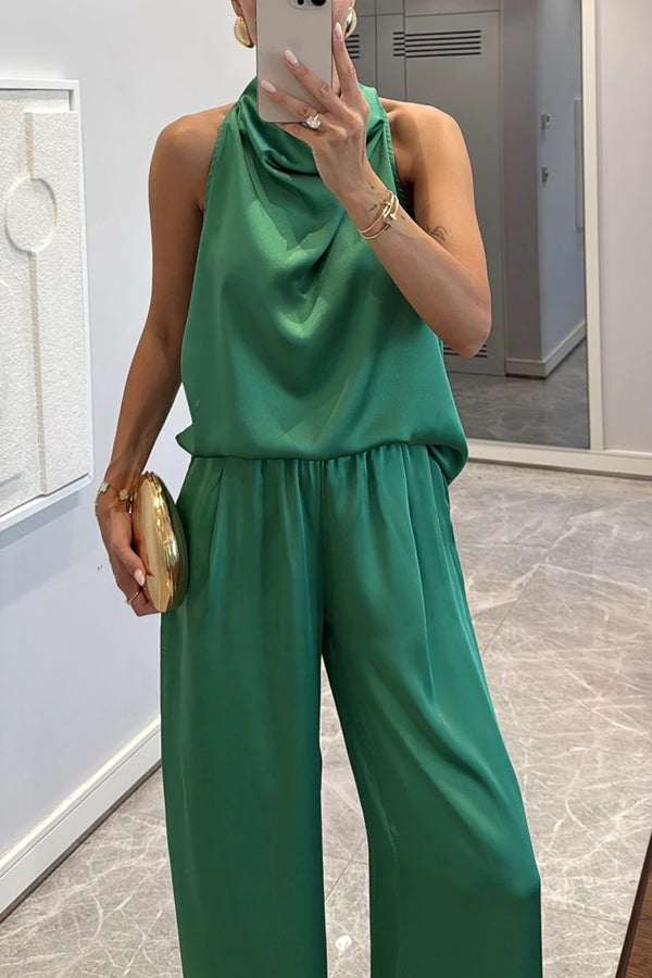 Classic on You Satin High Cowl Neck Top and Elastic Waist Pocket Loose Pants Set