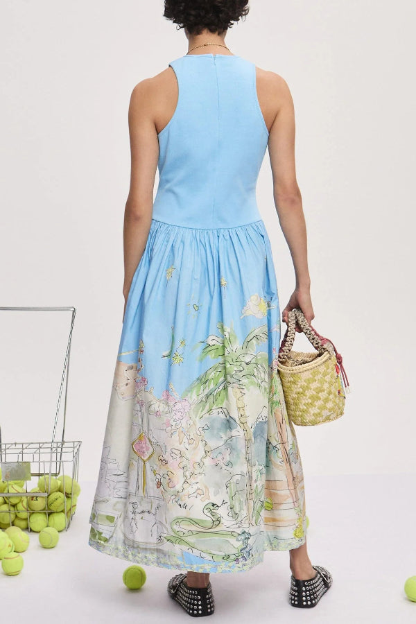 Ink Wash Print Round Neck Sleeveless Resort-style Midi Dress