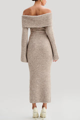 Solid Color Off-shoulder Long-sleeved Elegant Slim-fit Knit Maxi Dress
