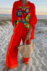 Horse Print Oversized Shirt and Elastic Waist Pocket Pants Set