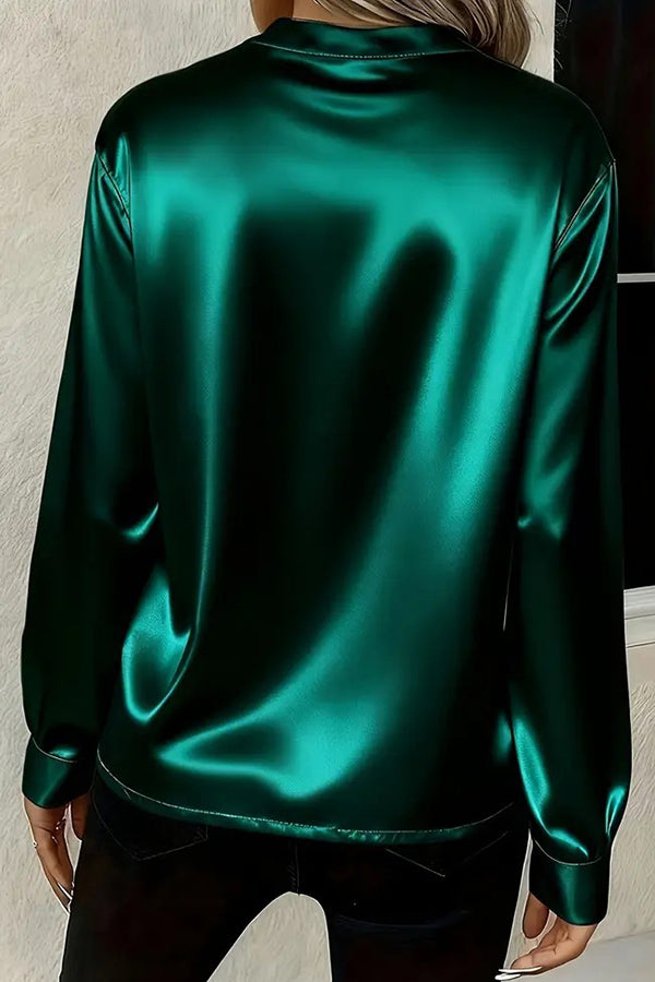 Solid Color Satin Loose V-neck Long-sleeved Casual Shirt