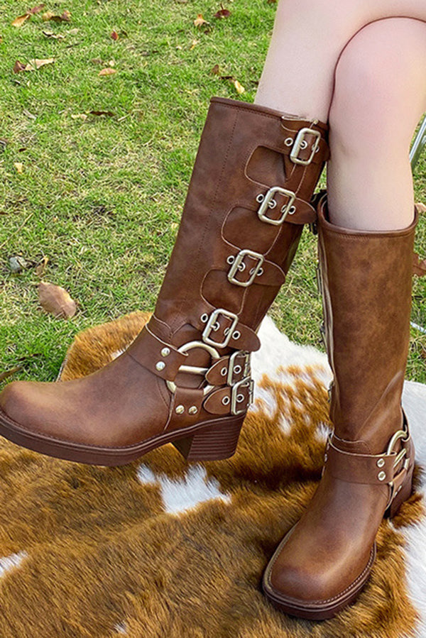 Vintage Belt Buckle Chunky Heeled Long Biker Boots
