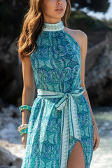 Unique Print Sexy Off-the-shoulder Waist Tie Slit Holiday Midi Dresses