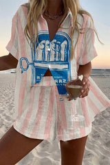 Sardines Can Print Loose Button Elastic Waist Shorts Set