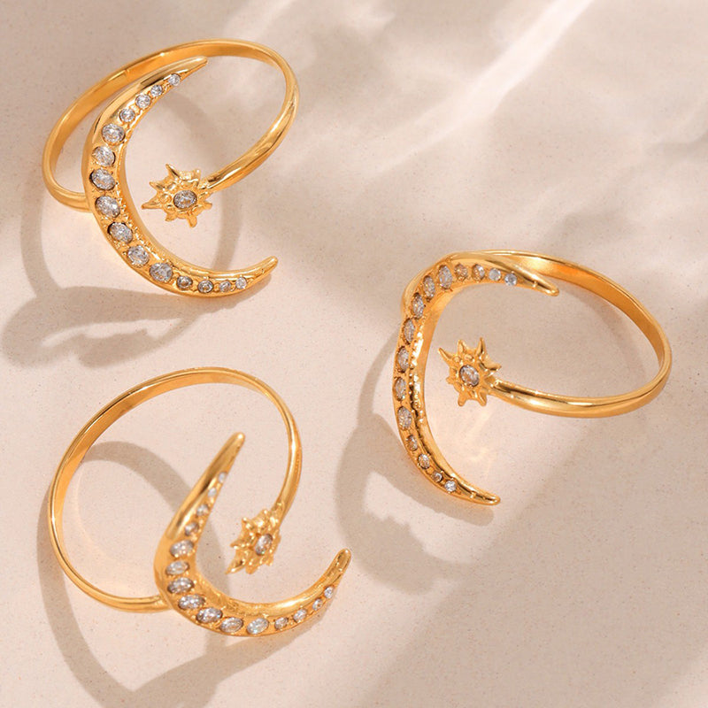 Elegant Super-shiny Zircon Star and Moon Irregular Geometric Ring