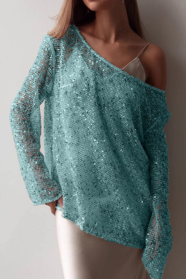 Fashionable Sequined Cutout Casual Long-sleeved Loose Cover-up Top