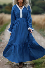 Fashionable Lace Paneled V-neck Long-sleeved Maxi Dress
