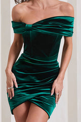 Paris Streets Velvet Off Shoulder Bow Bardot Wrap Mini Dress