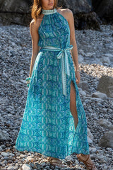 Unique Print Sexy Off-the-shoulder Waist Tie Slit Holiday Midi Dresses