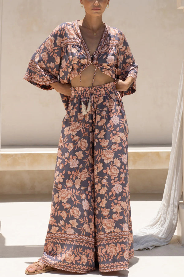 Floral Print Casual Elastic Waist Pocket Loose Wide-leg Pants