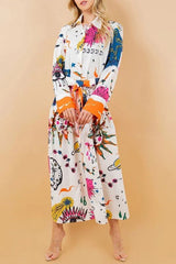 All The Attention Unique Print Long Sleeve Button Belted Shirt Midi Dress