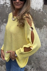 Solid Color Round Neck Hollow Long Sleeve Loose Knitted Sweater