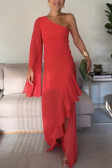 Party Pal Chiffon Solid One Shoulder Bell Sleeve Slit Maxi Dress