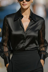 Solid Color Satin Loose-fitting See-through Long-sleeved Casual Shirt