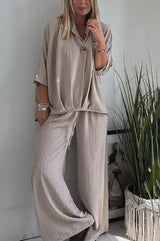 Fashion Striped Print Lapel Loose Top and Elastic Waist Casual Wide-leg Pants Set
