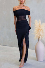 Sexy Mesh Off-shoulder Slim Fit Ruffled Slit Maxi Dress