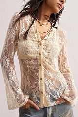 Fashion Lace Long Sleeve Casual Slim See-Through Shirt