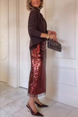 Upper East Chic Sequin Mesh Trim High Rise Slit Pencil Midi Skirt