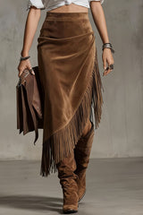 Fashionable Suede Tassel Irregular Casual Midi Skirt