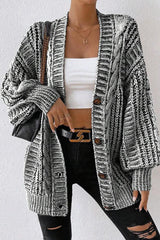 Fashionable Mixed-color Loose-fitting Lantern Sleeve Mid-length Knitted Cardigan