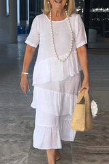 Linen Blend Solid Color Round Neck Casual Loose Midi Dress