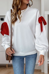Christmas Contrast Bow Decoration Round Neck Long Sleeve Loose Sweatshirt
