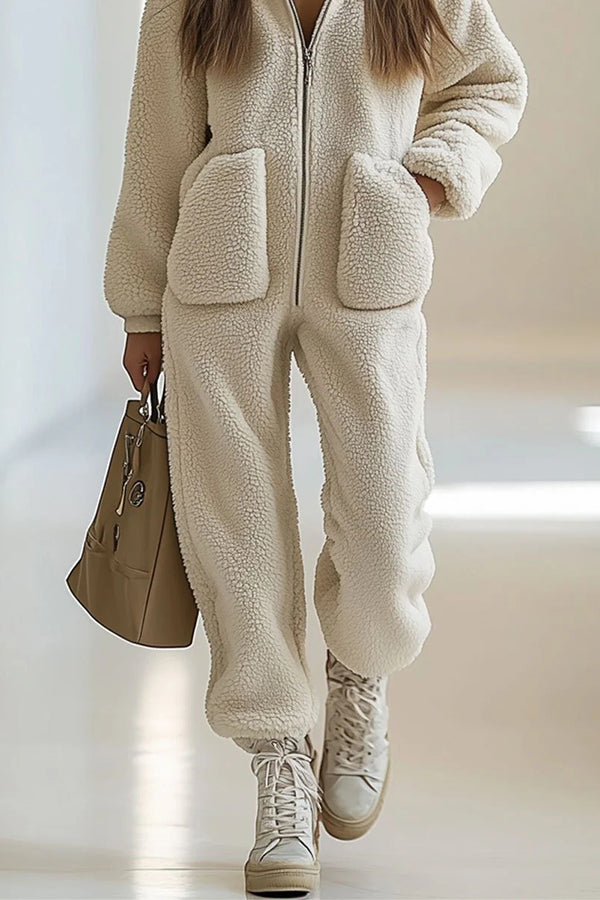 Stylish Plush Hooded Zip-up Casual Pocket Straight-leg Jumpsuit