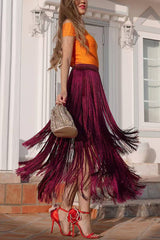 Elegant Tassel Hem Elastic Waist Casual Maxi Skirt