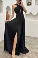 Stay Sophisticated Pleated Cross Neck Cutout Slit Evening Maxi Dress