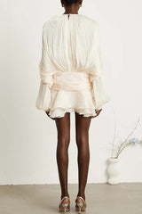 Ninah Glitter Fabric Pleated Balloon Sleeve Tiered Ruffle Hem Mini Dress