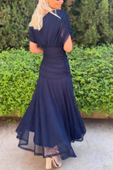 Unique Printed V-Neck Waisted Mesh Holiday Maxi Dress