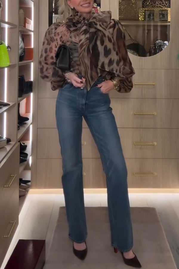 Peregrine Semi-sheer Silk Animal Print Bow Neck Balloon Sleeve Loose Blouse