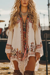 Unique Printed Ethnic-style V-neck Long-sleeved Loose Mini Dress