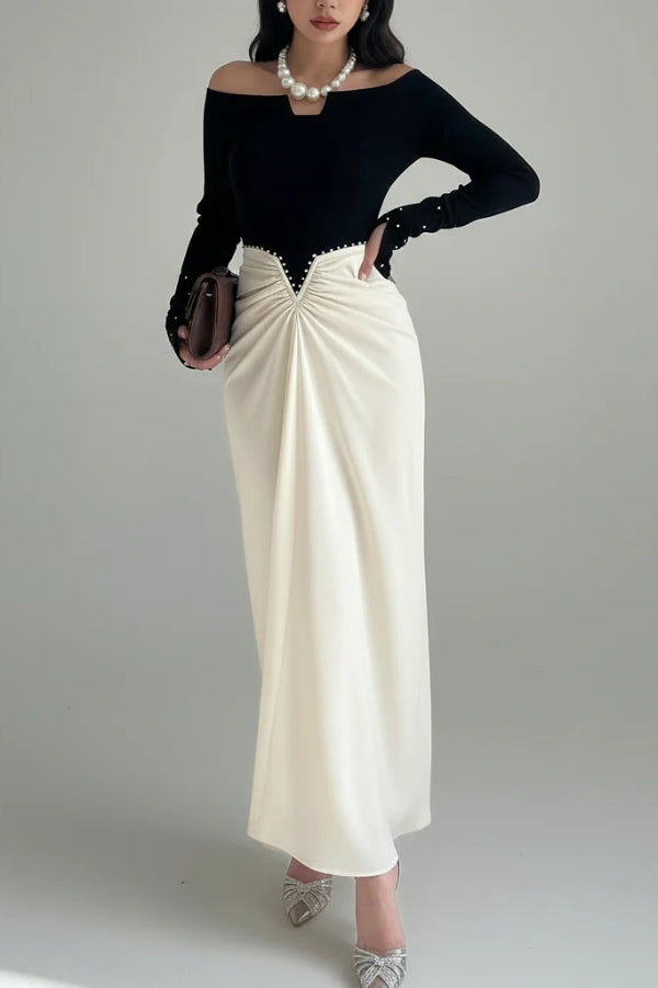 Stylish Pearl-embellished Elegant Off-shoulder Long-sleeved Draped Maxi Dress