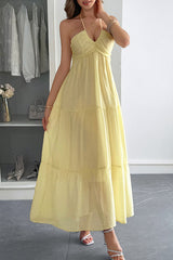 Solid Color Halterneck Tie Casual Holiday Style Maxi Dress