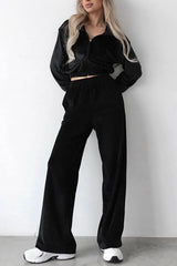 Solid Color Velvet Long-sleeved Zip-up Sweatshirt and Elastic Waist Casual Pocket Straight-leg Pants Set