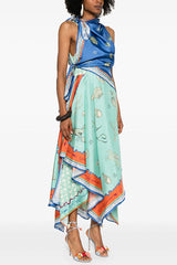 Surrealist Summer Satin Unique Print Tie-up Details Layered Hem Scarf Maxi Dress