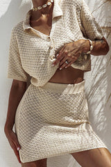 Solid Color Hollow Short Sleeve Knit Top and Elastic Waist Casual Mini Skirt Set